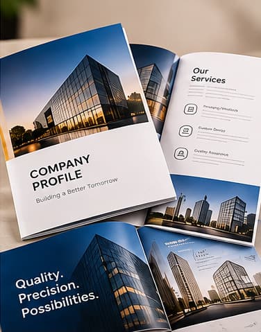 An open printed corporate profile brochure