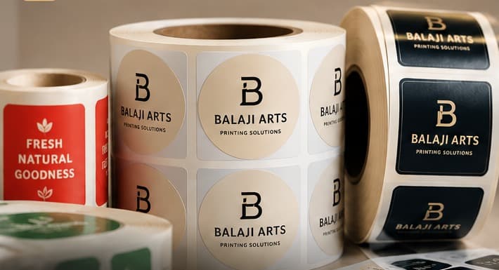 Rolls of printed self-adhesive labels wound on the rewinder