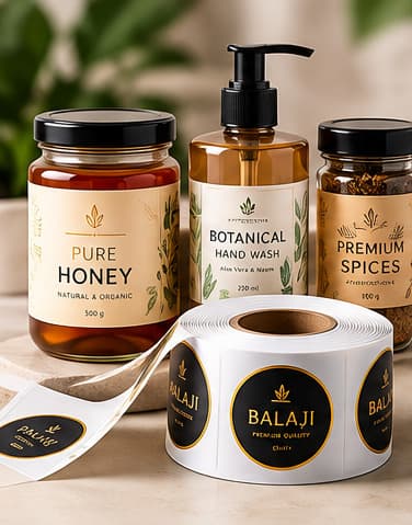Printed product labels on jars, with a roll of labels in the foreground