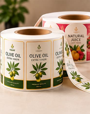 A roll of printed self-adhesive olive oil labels