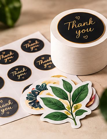 Printed die-cut stickers, including a stacked roll and a leaf-shaped sticker