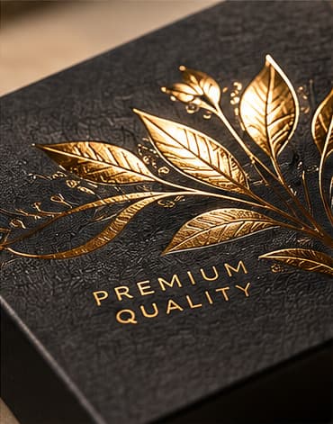 A gold UV-stamped foil detail catching the light on a premium printed box